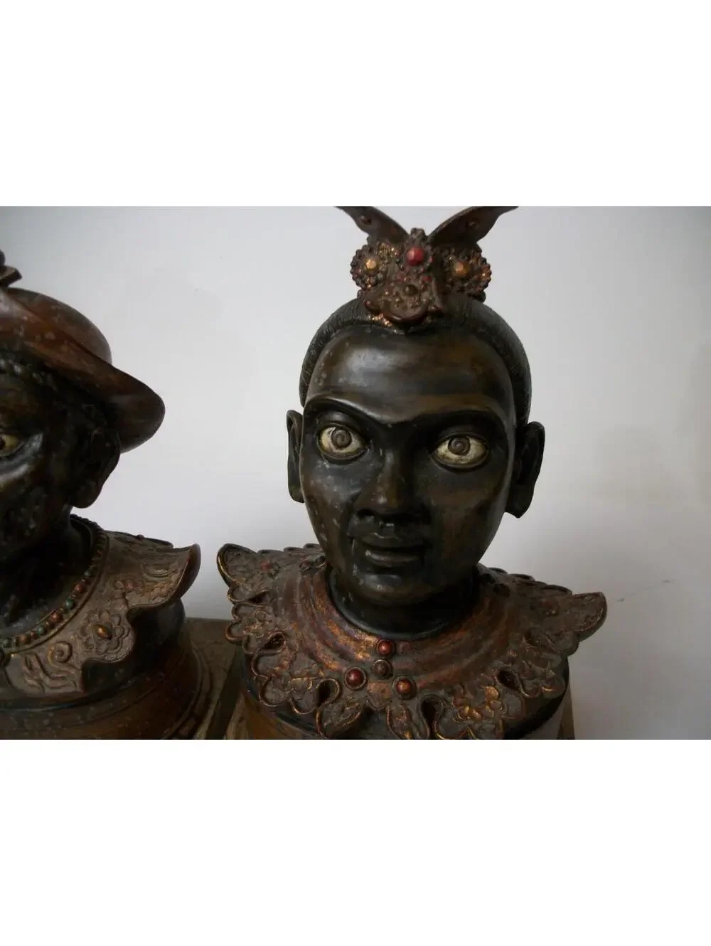 2) Antique Chinoiserie-style Mandarin and Queen jeweled glass eyed Sculptures